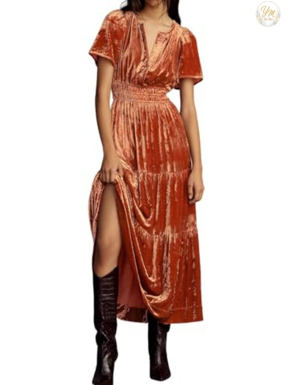 Velvet Maxi Dress Short Sleeve V Neck Elastic Waist Tiered Ruffle A-Line